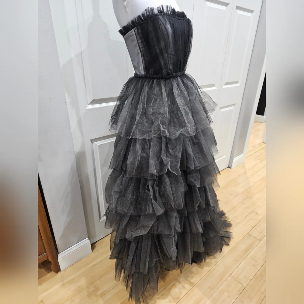 Dolls Kill Unholy Dramatic Flair Tiered Black Gray Tulle Maxi Dress Gown S - Picture 5 of 16